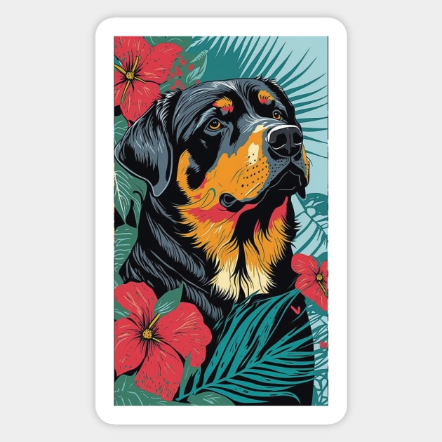 Rottweiler Dog Vibrant Tropical Flower Tall Retro Vintage Digital Pop Art Portrait Sticker by ArtHouseFlunky